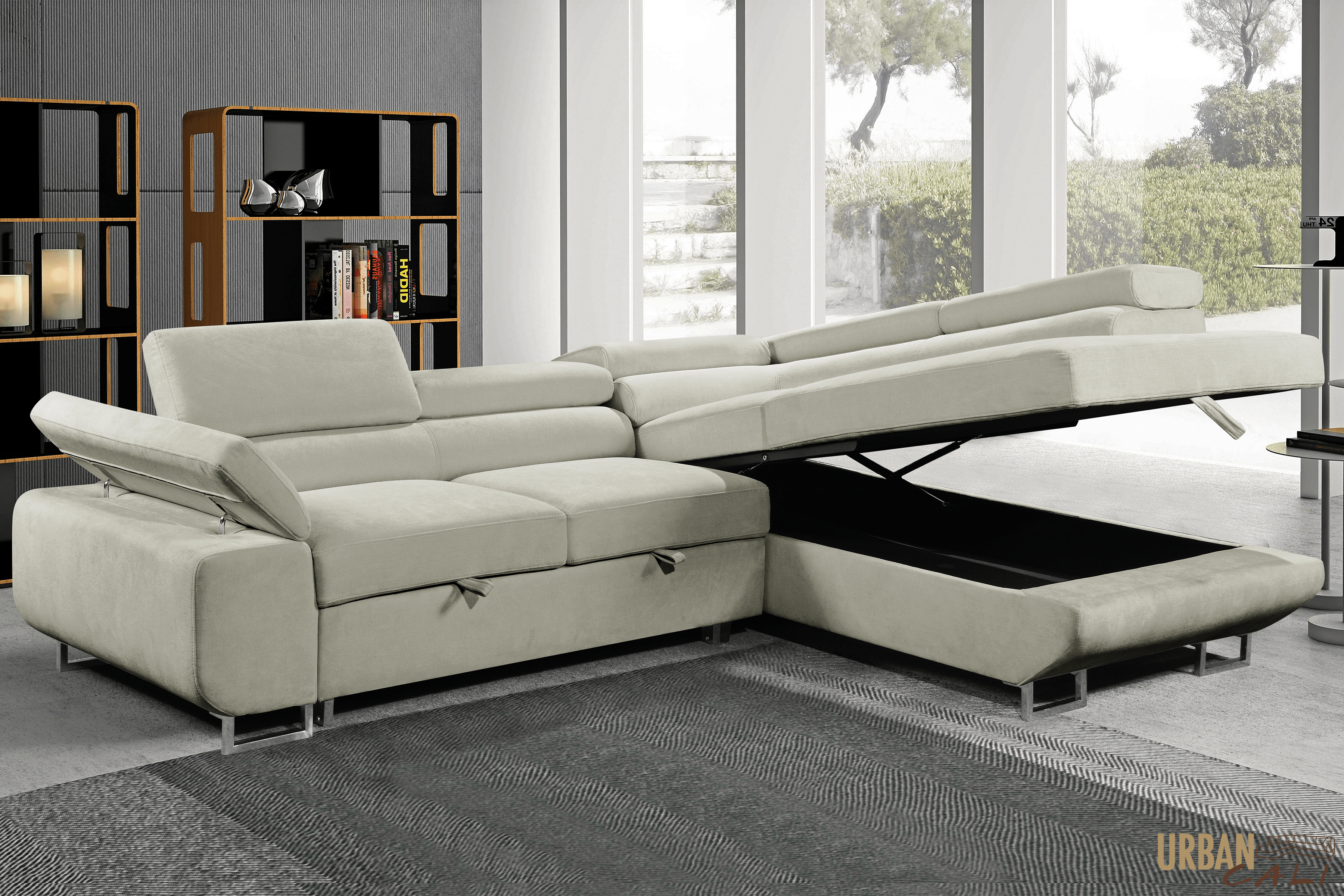Urban Cali Sectional Sofa Hollywood Sleeper Sectional Sofa Bed with Adjustable Headrests and Storage Chaise - Available in 3 Colours