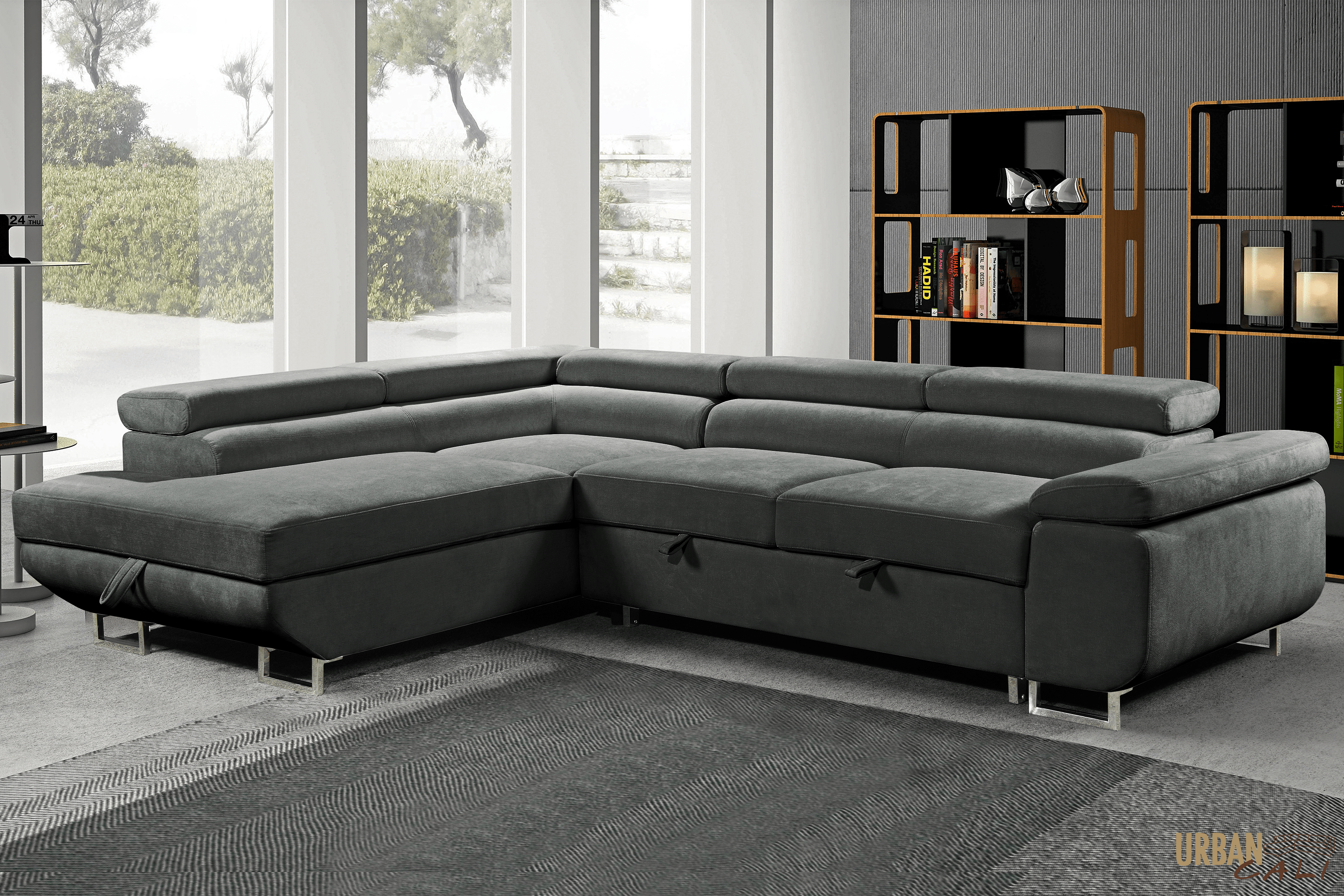 Urban Cali Sectional Sofa Hollywood Sleeper Sectional Sofa Bed with Adjustable Headrests and Storage Chaise in Ulani Cream