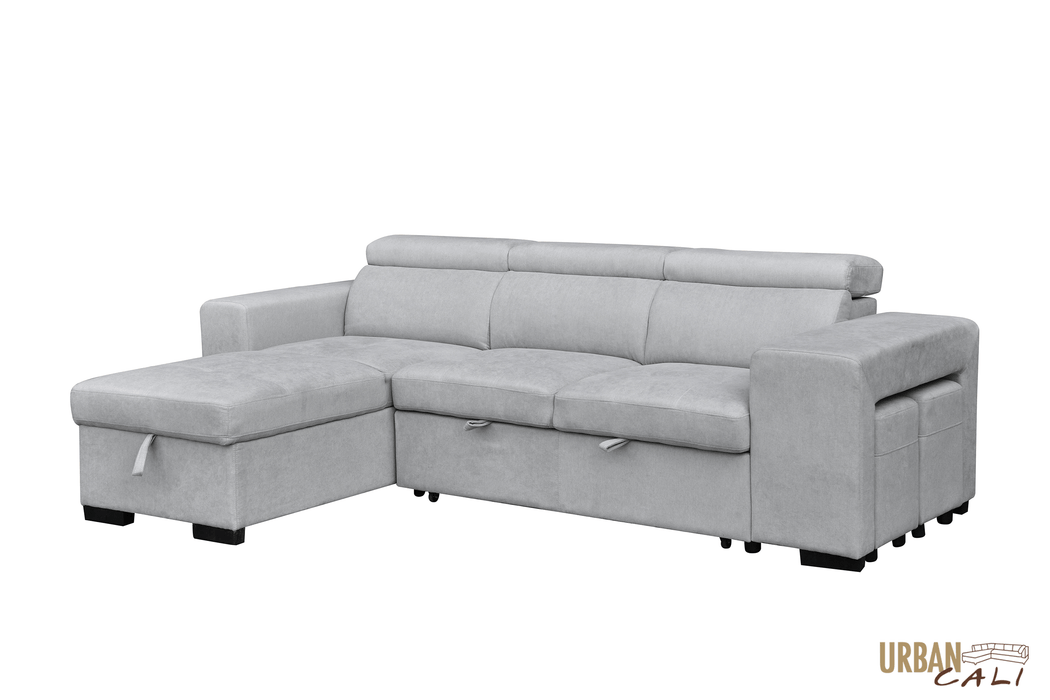 Urban Cali Sectional Sonoma Sleeper Sectional Sofa Bed with Reversible Storage Chaise and 2 Stools in Canvas Grey