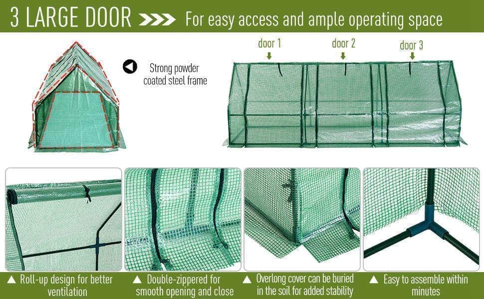 Aosom Greenhouse Long Tunnel 3 Door Metal and Plastic Portable Backyard Greenhouse in Green
