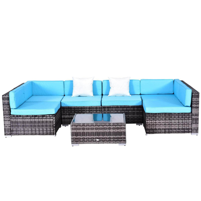 Aosom Sectional Sofa Light Blue and Grey Wicker 7 Piece Outdoor Patio Rattan Wicker Modular U-Shaped Sectional Sofa Set with Coffee Table - Available in 9 Colours