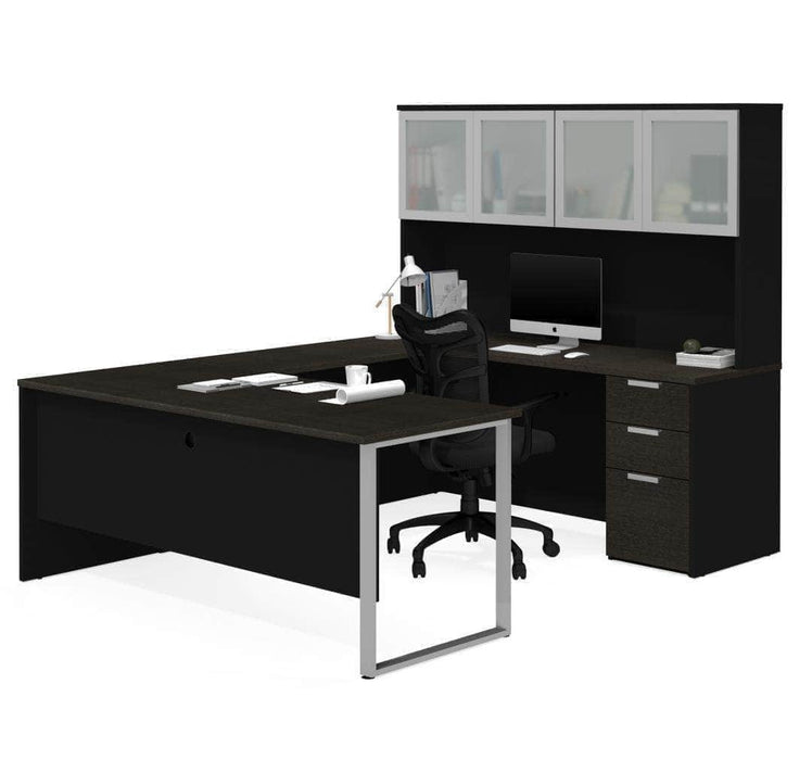 Modubox Desk Deep Grey & Black Pro-Concept Plus U-Shaped Desk with Pedestal and Frosted Glass Door Hutch - Available in 2 Colours
