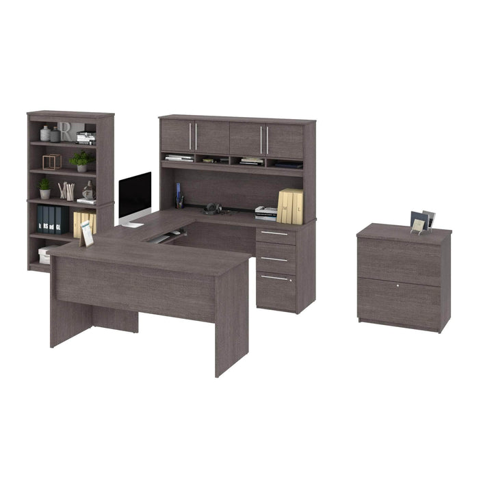 Modubox Desk Innova U-Shaped or L-Shaped Desk with Pedestal and Hutch, 1 Lateral File Cabinet, and 1 Bookcase - Available in 3 Colours