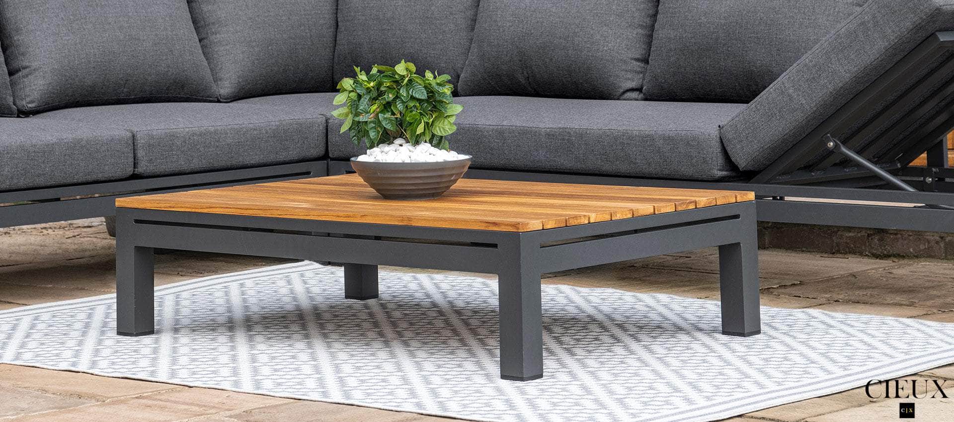 Pending - Cieux Sectional Bordeaux Outdoor Patio Aluminum Metal Coffee Table with Acacia Wooden Top in Grey and Natural