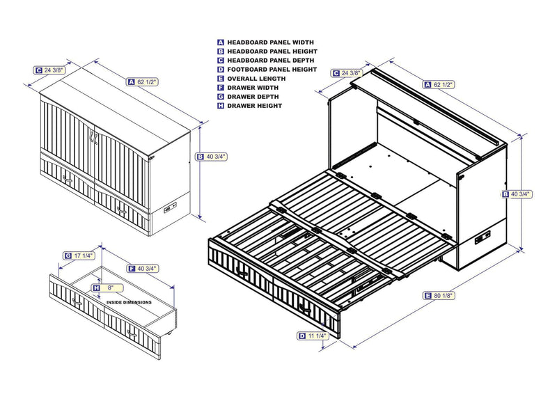 AFI Furnishings Murphy Cabinet Bed Southampton Murphy Cabinet Bed Chest with 6" Gel Memory Foam Mattress, Storage Drawer and Built-in Charger - Available in 3 Colours and 3 Sizes