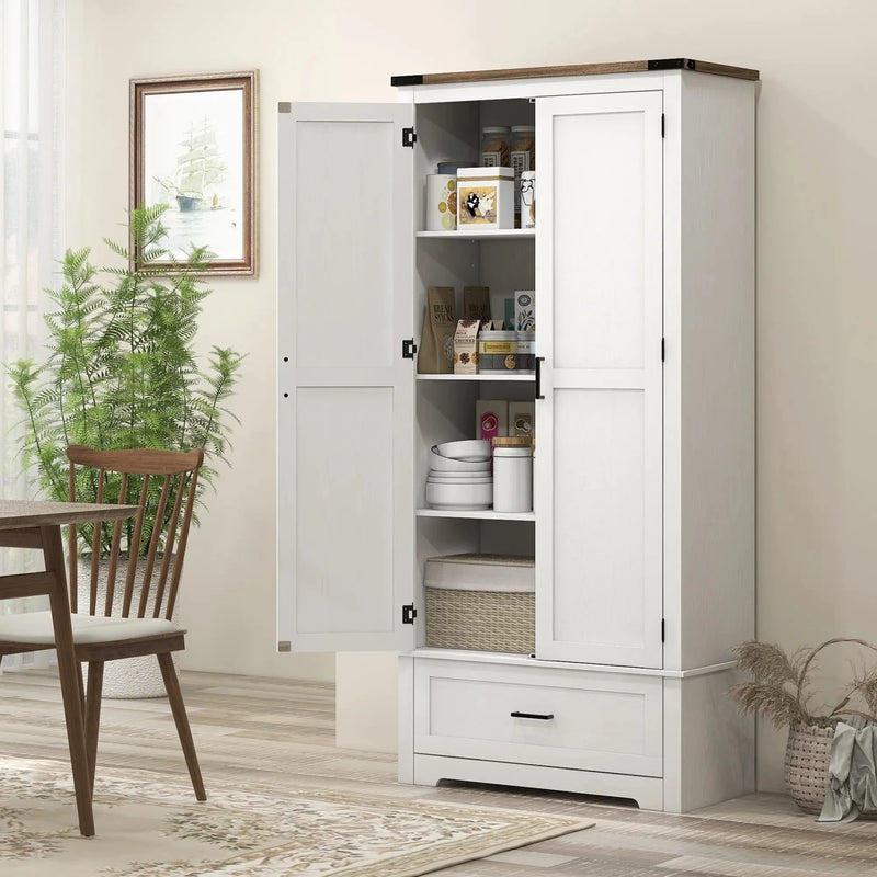 Aosom Cabinet 69" Tall Farmhouse Kitchen Pantry Cabinet with 2 Doors in Drawer and Adjustable Shelves in White