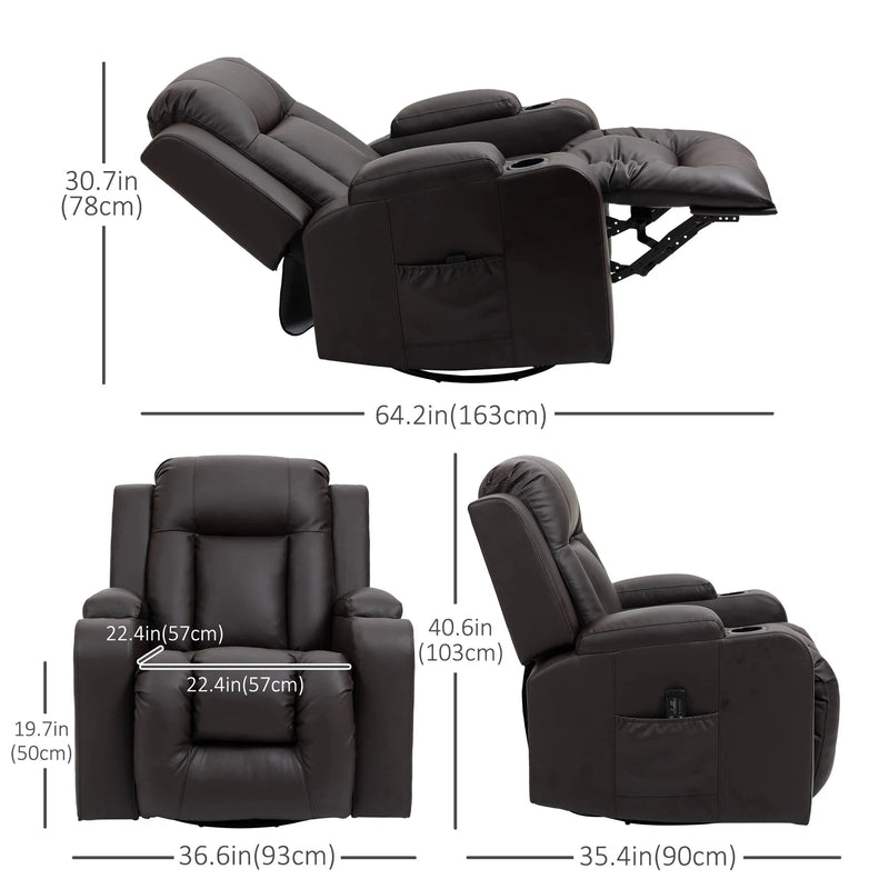 Aosom Chair Massage Recliner Chair for Living Room with 8 Vibration Points, PU Leather Reclining Chair with Cup Holders, Swivel Base, Rocking Function - Available in 2 Colours
