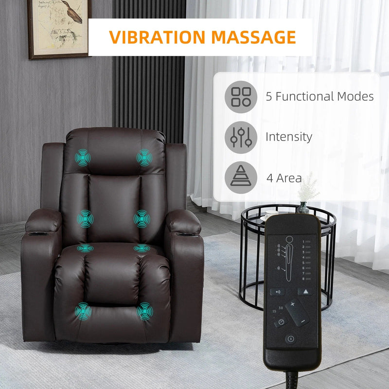 Aosom Chair Massage Recliner Chair for Living Room with 8 Vibration Points, PU Leather Reclining Chair with Cup Holders, Swivel Base, Rocking Function - Available in 2 Colours