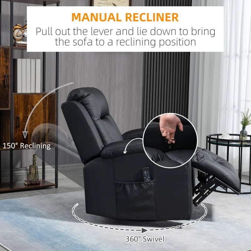 Aosom Chair Massage Recliner Chair for Living Room with 8 Vibration Points, PU Leather Reclining Chair with Cup Holders, Swivel Base, Rocking Function - Available in 2 Colours