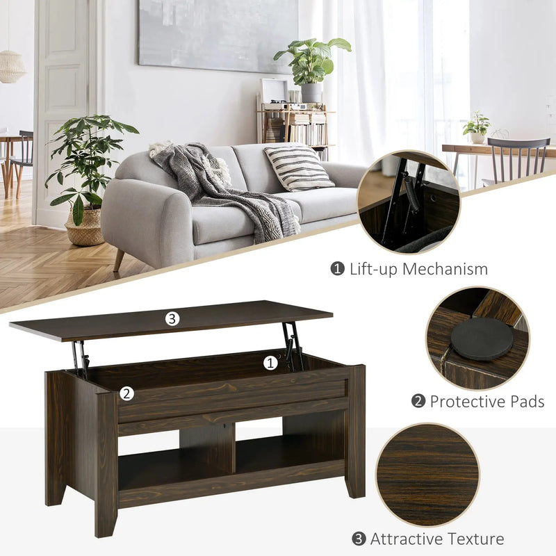 Aosom Coffee Table Lift Top Coffee Table with Hidden Storage Compartment and Open Shelves - Available in 5 Colours