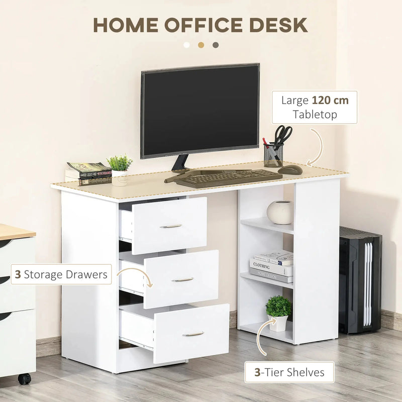 Aosom Desk Computer Office Desk With 3 Shelves and 3 Storage Drawers - Available in 3 Colours