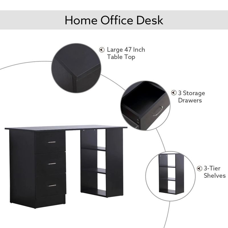 Aosom Desk Computer Office Desk With 3 Shelves and 3 Storage Drawers - Available in 3 Colours