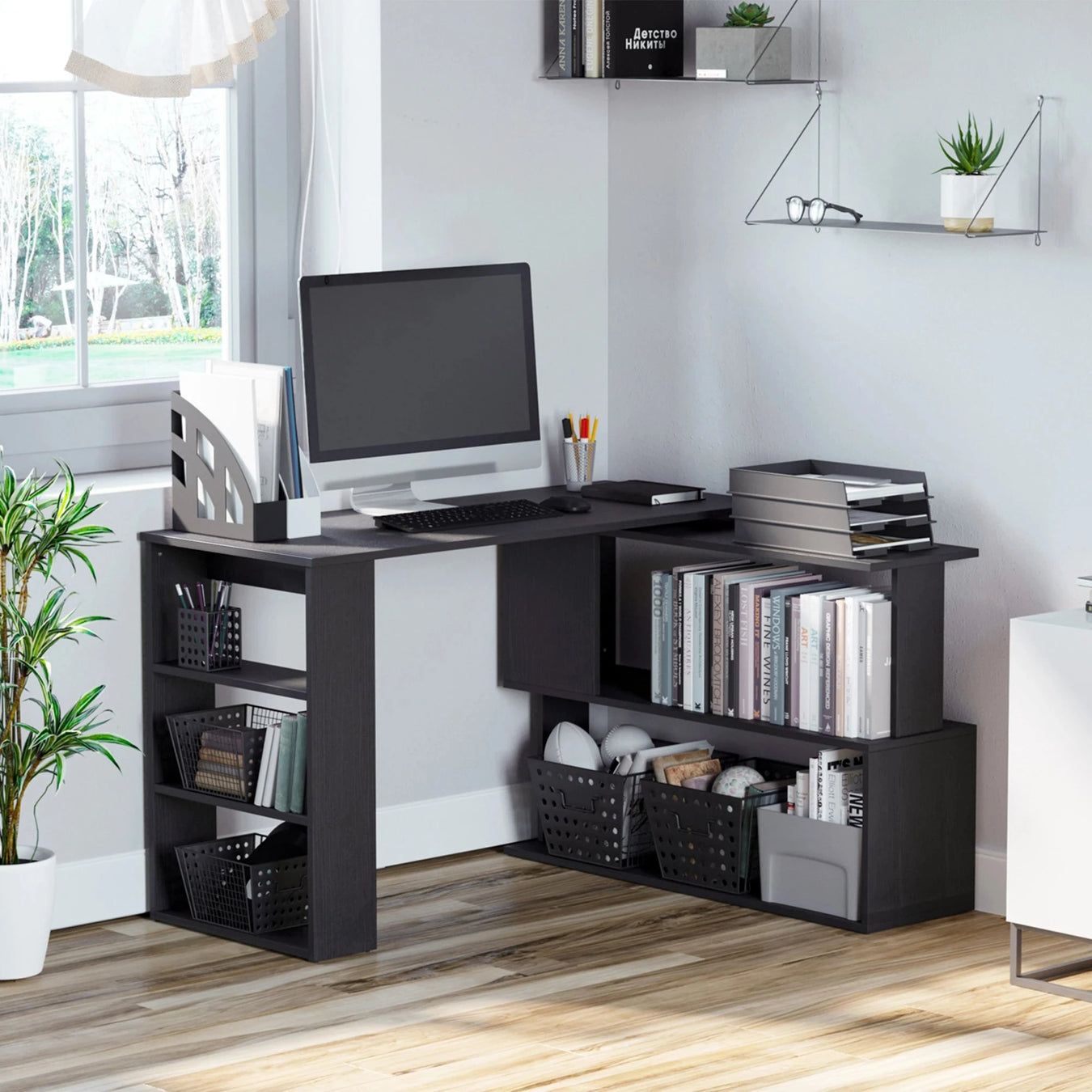Aosom L Shaped Corner Office Computer Desk with Storage Shelf, image 1