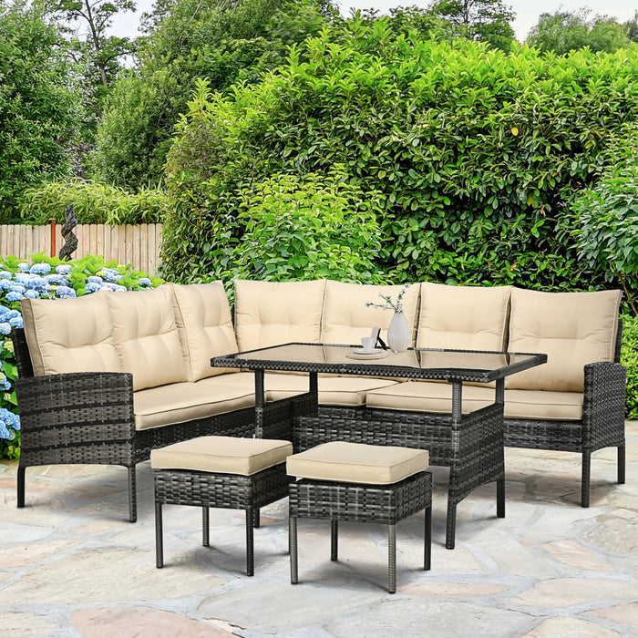 Aosom Dining Set 6 Piece Outdoor Patio Rattan Dining Table Set with Sectional Sofa and Two Ottomans - Available in 2 Colours