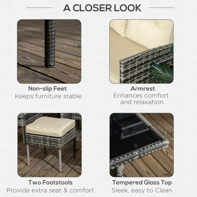 Aosom Dining Set 6 Piece Outdoor Patio Rattan Dining Table Set with Sectional Sofa and Two Ottomans - Available in 2 Colours