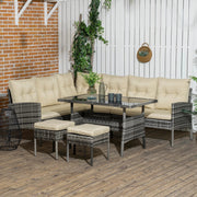 Aosom Dining Set 6 Piece Outdoor Patio Rattan Dining Table Set with Sectional Sofa and Two Ottomans - Available in 2 Colours