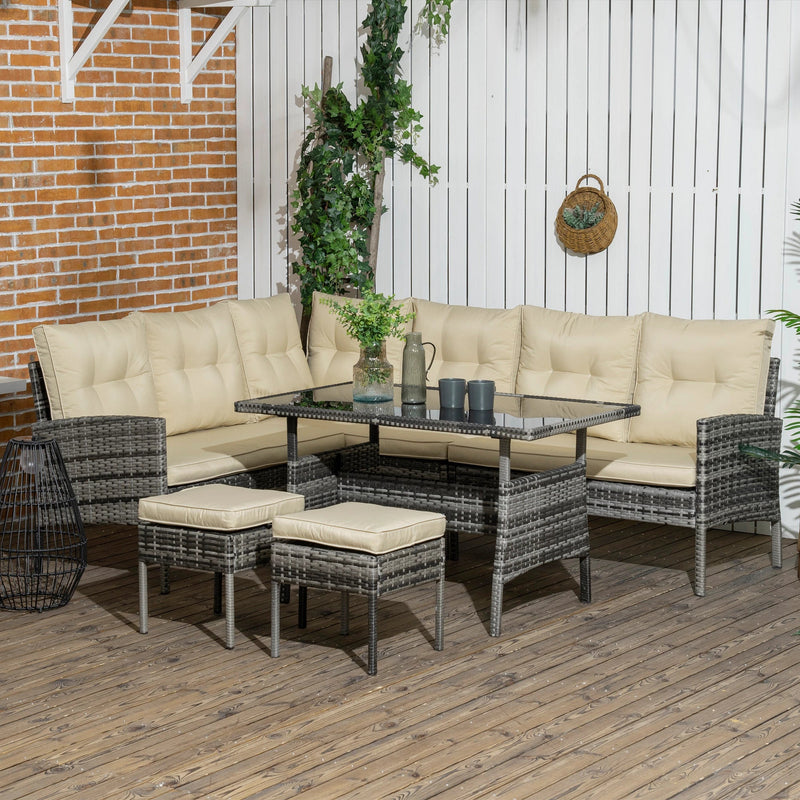 Aosom Dining Set 6 Piece Outdoor Patio Rattan Dining Table Set with Sectional Sofa and Two Ottomans - Available in 2 Colours