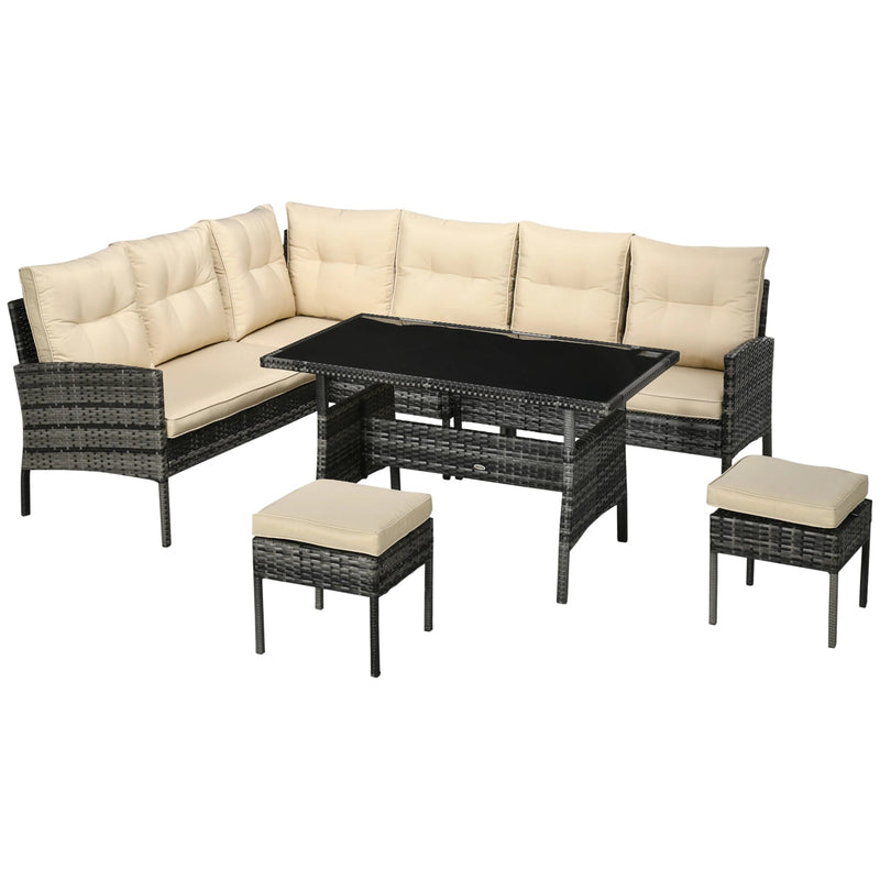 Aosom Dining Set Khaki and Dark Brown 6 Piece Outdoor Patio Rattan Dining Table Set with Sectional Sofa and Two Ottomans - Available in 2 Colours