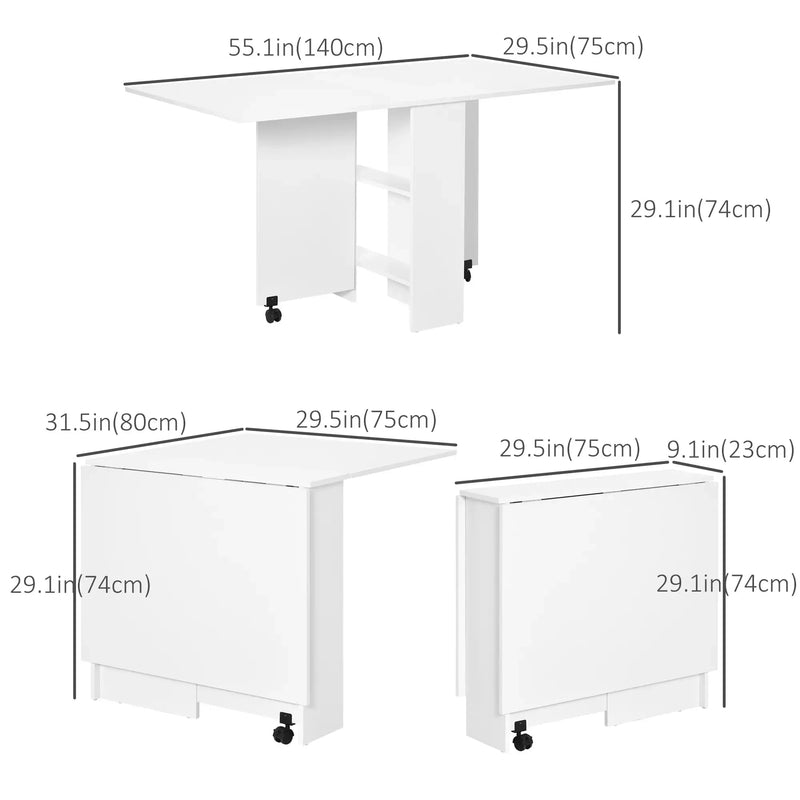 Aosom Dining Table Extendable Dining Table With 2-Tier Shelves and Rolling Casters in White