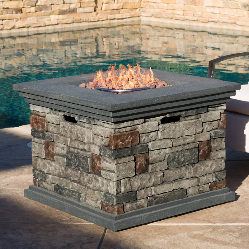 Aosom Fire Pit 32" Outdoor Patio Square Stone MGO Propane Fire Pit Table in Stone Grey