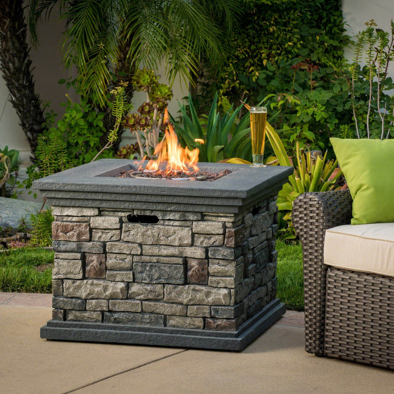 Aosom Fire Pit 32" Outdoor Patio Square Stone MGO Propane Fire Pit Table in Stone Grey