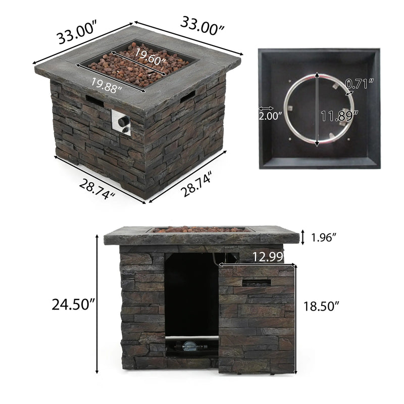 Aosom Fire Pit 33" Outdoor Patio Square MGO Propane Fire Pit Table with Natural Stone Finish in Stone Grey