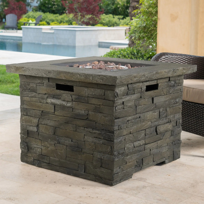 Aosom Fire Pit 33" Outdoor Patio Square MGO Propane Fire Pit Table with Natural Stone Finish in Stone Grey
