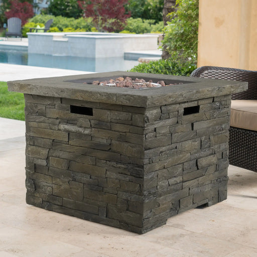 Aosom Fire Pit 33" Outdoor Patio Square MGO Propane Fire Pit Table with Natural Stone Finish in Stone Grey