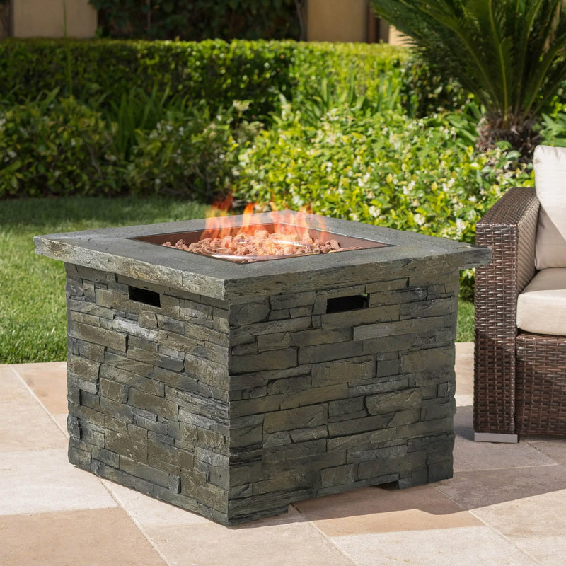 Aosom Fire Pit 33" Outdoor Patio Square MGO Propane Fire Pit Table with Natural Stone Finish in Stone Grey