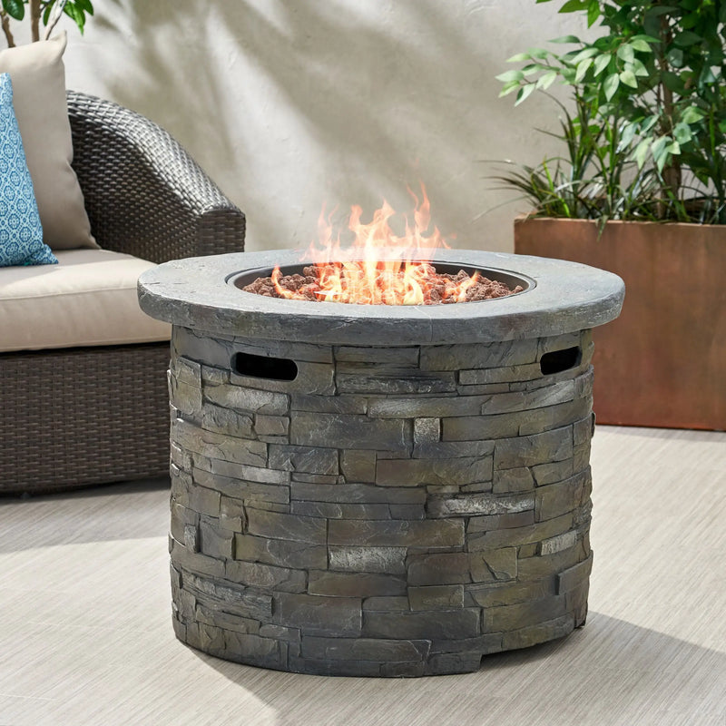 Aosom Fire Pit Hoonah 33" Outdoor Patio Round Stone Propane Fire Pit Table in Stone Grey