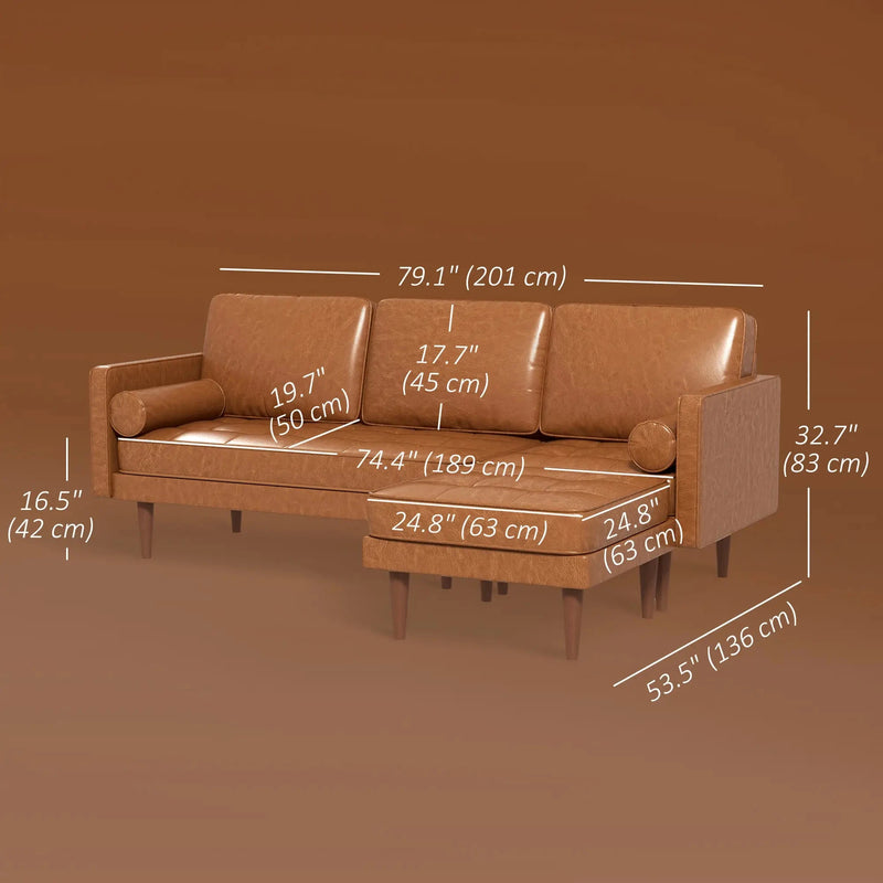 Aosom Sectional Faux Leather L-Shaped Sectional Sofa Set with Footstool and 2 Bolster Pillows in Brown