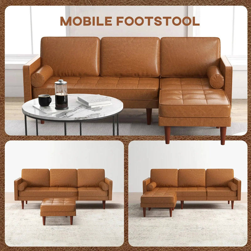 Aosom Sectional Faux Leather L-Shaped Sectional Sofa Set with Footstool and 2 Bolster Pillows in Brown