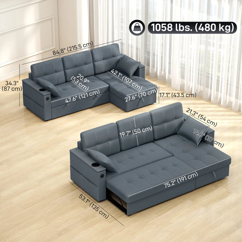 Aosom Sectional Sofa 84.8" Convertible L-Shaped Sectional Sofa Bed - Available in 3 Colours