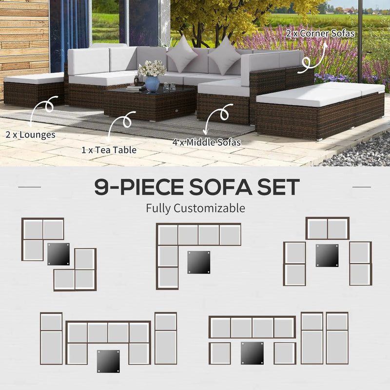Aosom Sectional Sofa 9 Piece Deluxe Outdoor Patio Garden Wicker Rattan Sectional Sofa Set with 2 Lounge Chairs - Available in 4 Colours