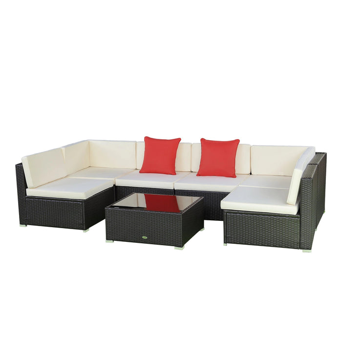 Aosom Sectional Sofa Dark Brown Rattan and Beige Fabric 7 Piece Outdoor Patio Rattan Wicker Modular U-Shaped Sectional Sofa Set with Coffee Table - Available in 11 Colours