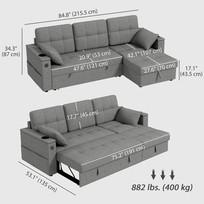 Aosom Sectional Sofa HOMCOM Convertible  L-Shaped Sectional Sofa Bed in Grey