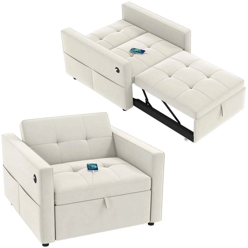 Aosom Sleeper Chair Cream White HOMCOM Convertible Pull Out Sleeper Chair with USB - Available in 2 Colours