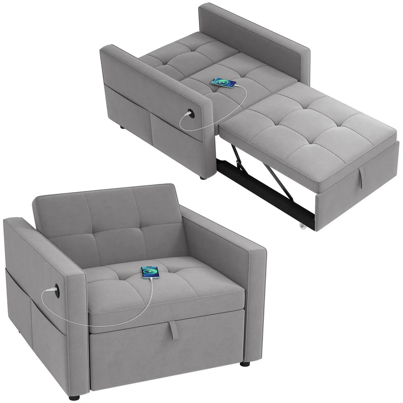 Aosom Sleeper Chair Grey HOMCOM Convertible Pull Out Sleeper Chair with USB - Available in 2 Colours