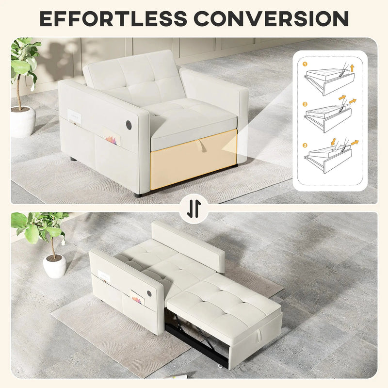 Aosom Sleeper Chair HOMCOM Convertible Pull Out Sleeper Chair with USB - Available in 2 Colours