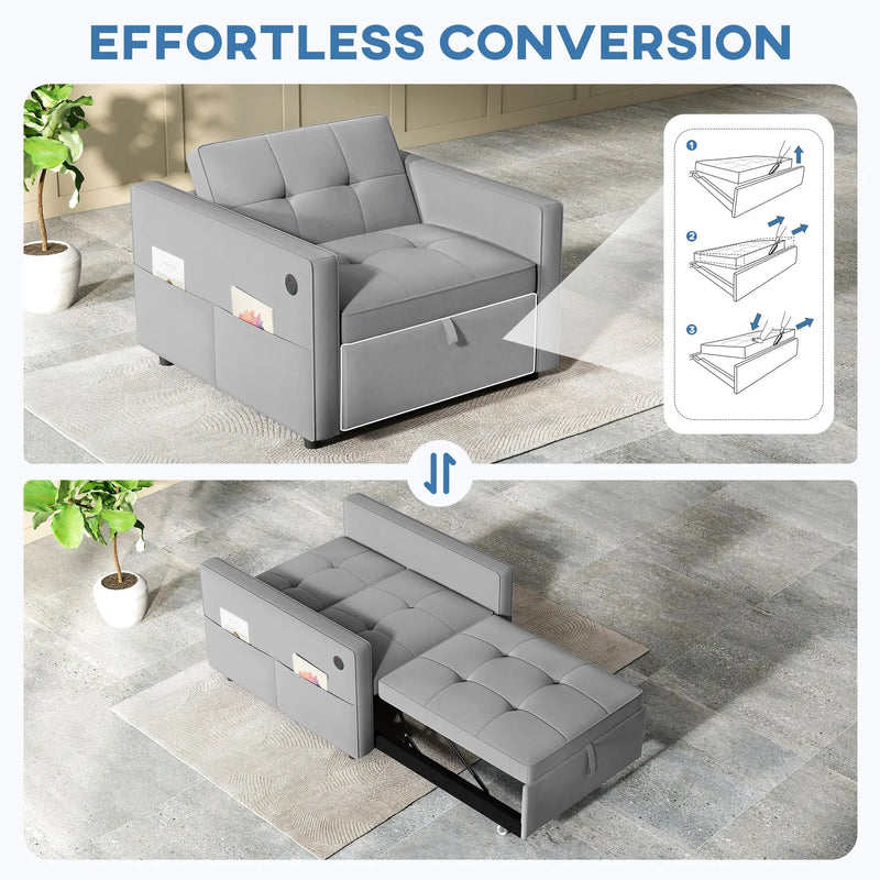 Aosom Sleeper Chair HOMCOM Convertible Pull Out Sleeper Chair with USB - Available in 2 Colours