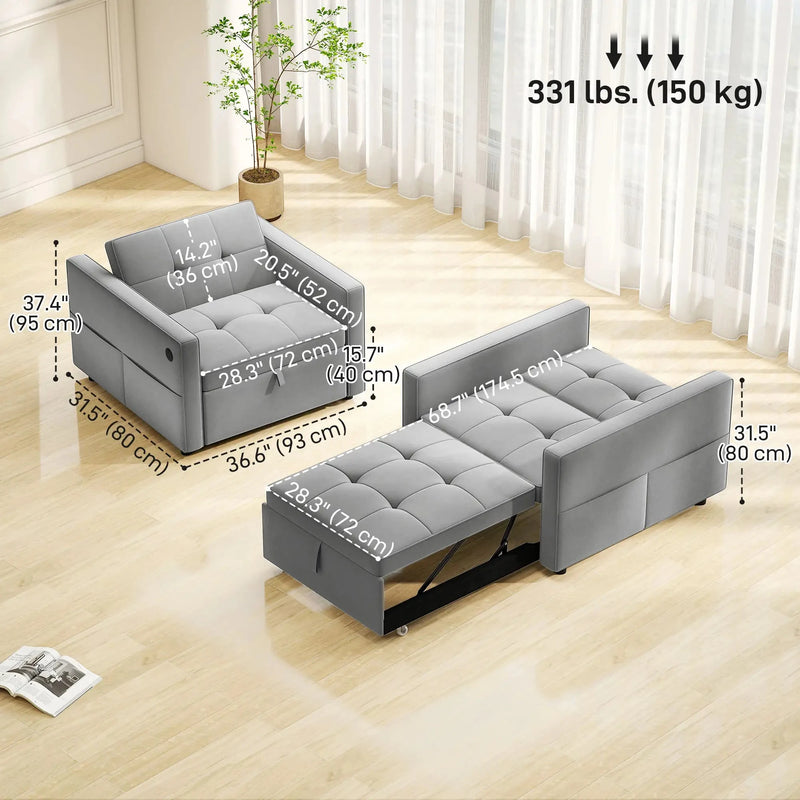 Aosom Sleeper Chair HOMCOM Convertible Pull Out Sleeper Chair with USB - Available in 2 Colours