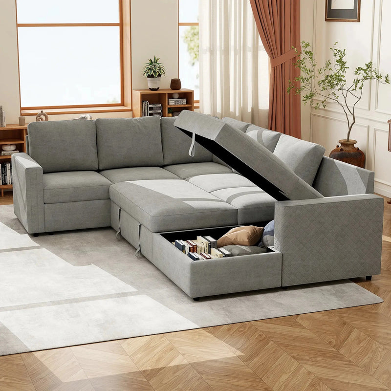 Aosom Sofa Bed HOMCOM Velvet Upholstery U-Shaped Pull Out Sleeper Sofa Bed in Grey