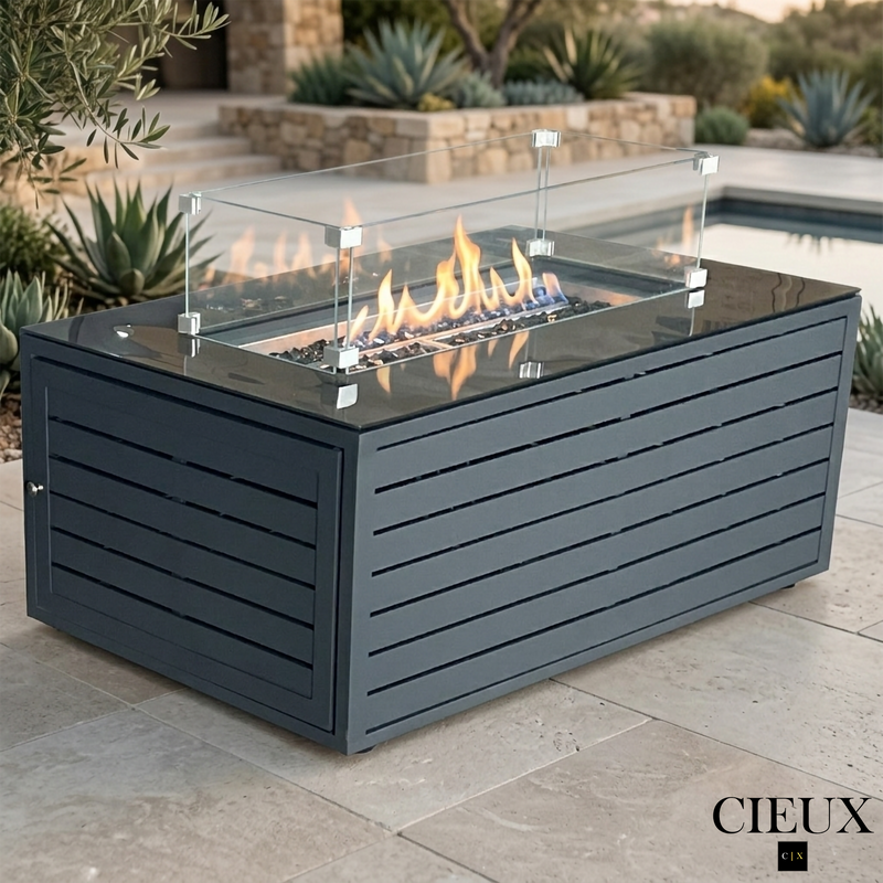Annency Outdoor Patio Aluminum Metal Rectangle Propane and Natural Gas Fire Pit Coffee Table with Tempered Glass in Midnight Grey