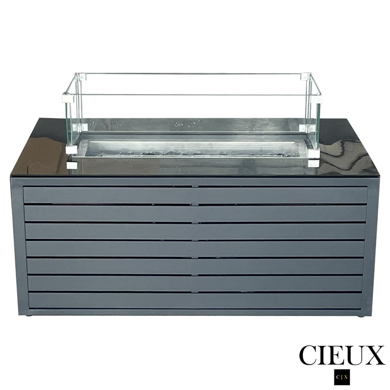 Lyon 2 Piece Outdoor Patio Aluminum Metal L-Shaped Sectional and Annency Fire Pit Coffee Table in Midnight Grey with Sunbrella Cushions in Canvas Charcoal