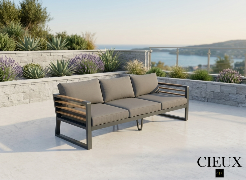 Avignon Outdoor Patio Aluminum Metal Sofa in Midnight Grey with Sunbrella Cushions in Canvas Charcoal