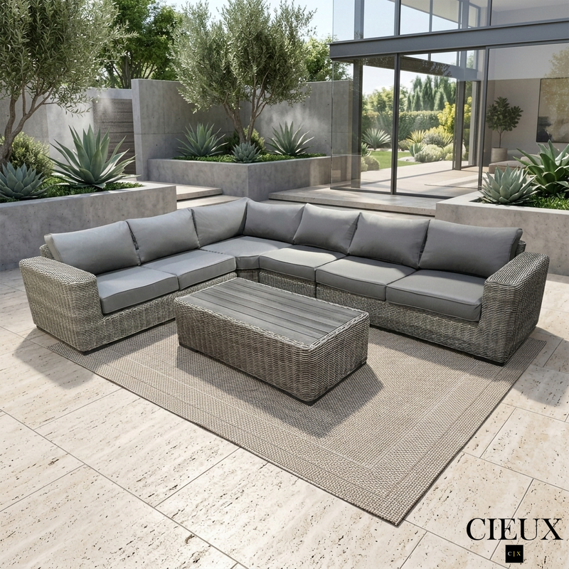 Champagne 2 Piece Outdoor Patio Wicker L-Shaped Sectional Sofa and Coffee Table Set in Grey with Sunbrella Cushions - Available in 2 Colours