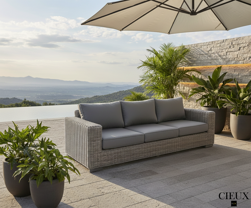 Champagne Outdoor Patio Wicker Sofa in Grey with Sunbrella Cushions - Available in 2 Colours