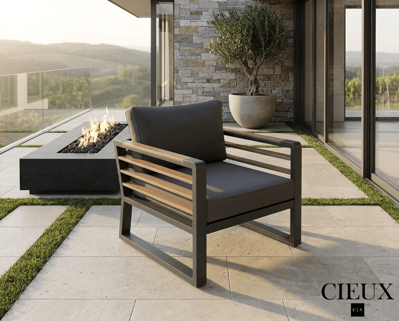 CIEUX Club Chair Avignon Outdoor Patio Aluminum Metal Club Chair in Midnight Grey with Sunbrella Cushions in Canvas Charcoal