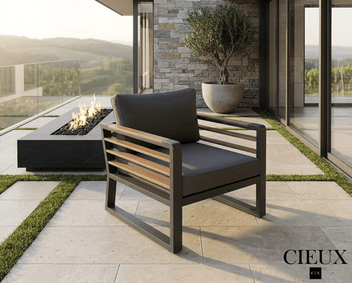 CIEUX Club Chair Avignon Outdoor Patio Aluminum Metal Club Chair in Midnight Grey with Sunbrella Cushions in Canvas Charcoal