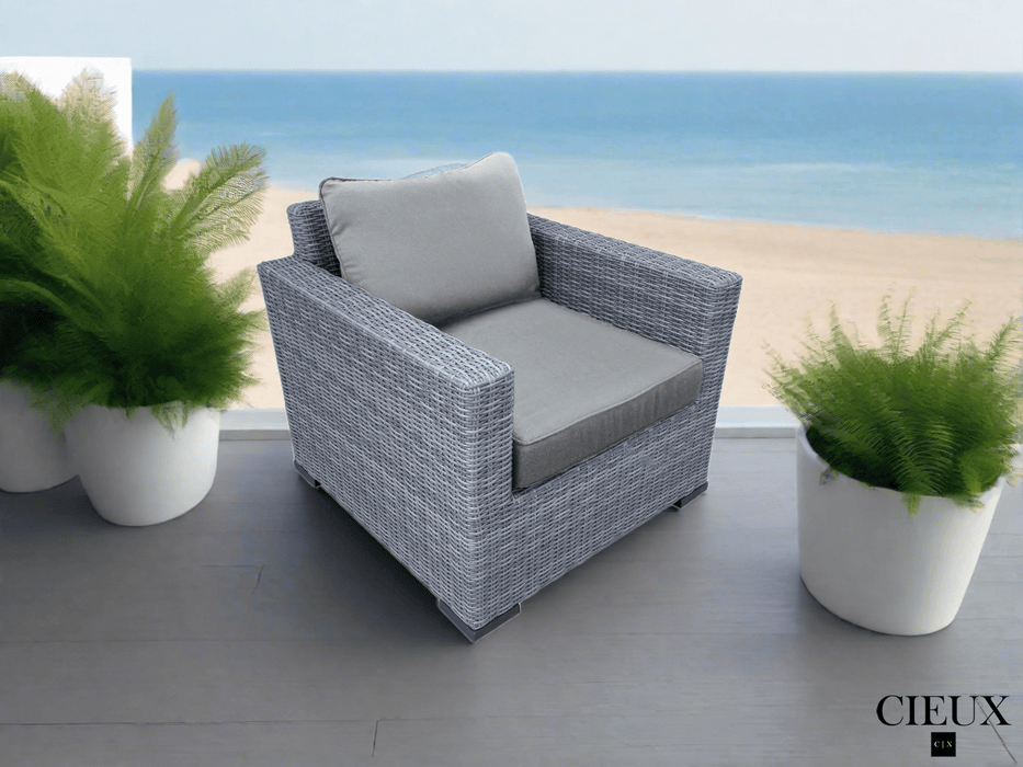 CIEUX Club Chair Cannes Outdoor Patio Wicker Club Chair in Grey with Sunbrella Cushions - Available in 2 Colours